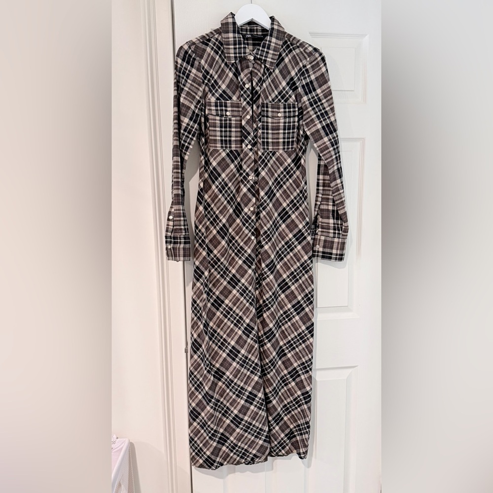 Zara black/brown/cream button plaid maxi shirt dress
